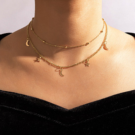 Collier minimaliste double couche lune et étoile choker - chaîne de clavicule perlée