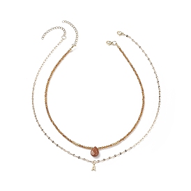 2 pcs 2 style goutte de jaspe rouge naturel et lettre initiale en laiton un ensemble de colliers pendentifs, colliers de perles de grenat naturel pour femmes