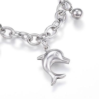 304 Stainless Steel Charm Bracelets, Dolphin