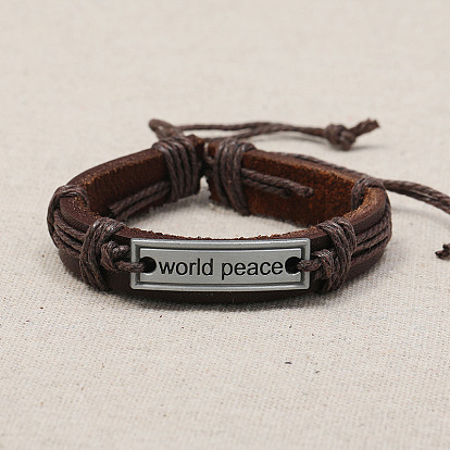 Adjustable Cowhide Cord Bracelets for Men, Antique Silver Tone Word World Peace Alloy Links Bracelets