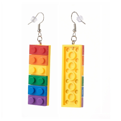 Boucle d'oreille pendante en acrylique opaque arc-en-ciel de style briques de jouet, avec platine plaqué boucles d'oreilles en fer crochets