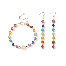 Boucles d'oreilles et bracelet en pierres naturelles et synthétiques mélangées et perles, bijoux en fil de laiton pour femmes
