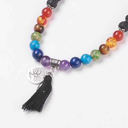 Chakra Jewelry, Nylon Tassel and Alloy Pendant Necklaces, with Mixed Stone, Resin Beads, Burlap Packing