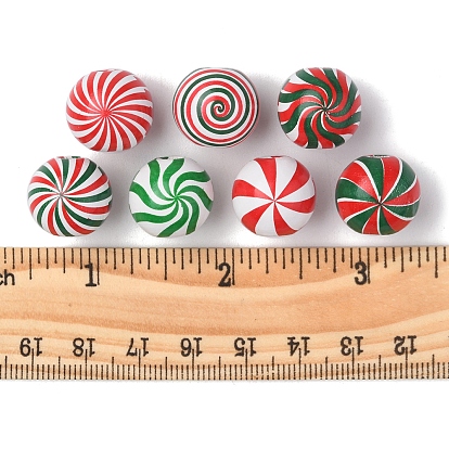 42Pcs 7 Colors Christmas Theme Printed Natural Wooden Beads, Round with Vortex Pattern