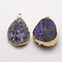 Electroplate Natural Druzy Quartz Crystal Pendants, Dyed, with Golden Plated Brass Finding, Drop