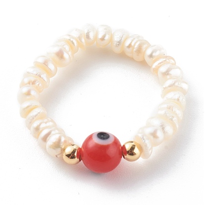 Natural Cultured Freshwater Pearl Beaded Stretch Rings, with Handmade Evil Eye Lampwork Round Beads and Real 18K Gold Plated Brass Beads
