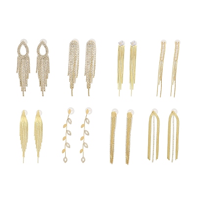 Cubic Zirconia Chains Tassel Earrings, Brass Dangle Stud Earrings