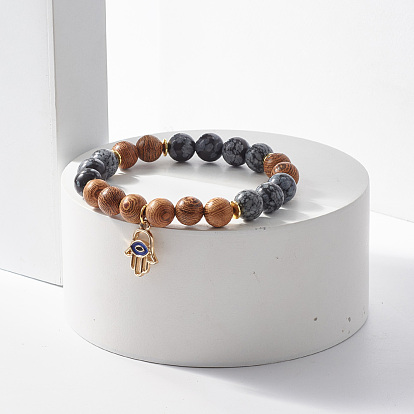 Bracelet extensible perlé en bois de wengé naturel et pierres précieuses avec main hamsa avec charme mauvais œil, bijoux de yoga pour femmes