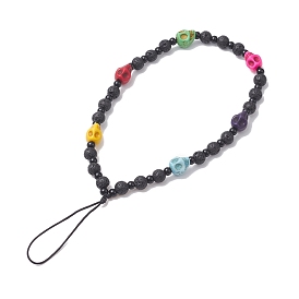 Lava Rock Beaded Mobile Straps, with Dyed Synthetic Turquoise Beads, Nylon Thread Anti-Lost Mobile Accessories Decoration, Skull