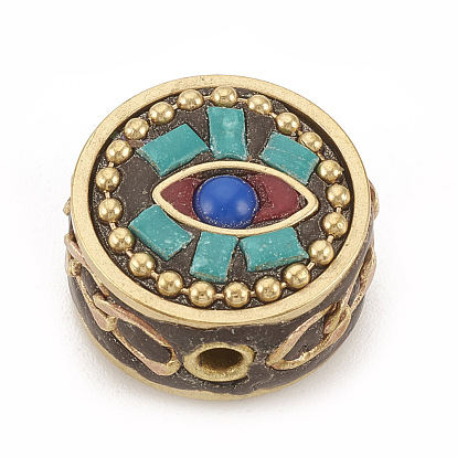 Handmade Indonesia Beads, with Raw(Unplated) Brass Findings, Flat Round