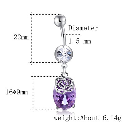 Brass Cubic Zirconia Navel Ring, Belly Rings, with 304 Stainless Steel Bar, Cadmium Free & Lead Free, Oval