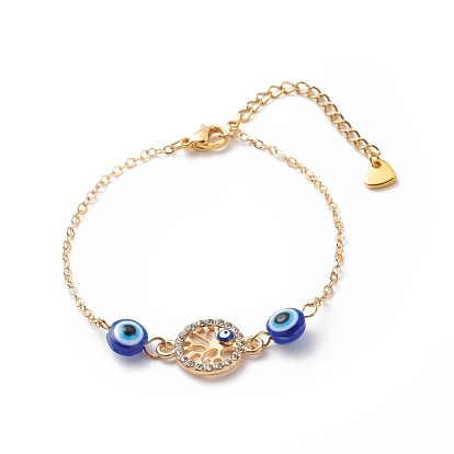 Crystal Rhinestone & Resin Evil Eye Link Slider Bracelet, Gold Plated Brass Jewelry for Women, Blue