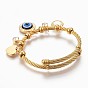 Adjustable 304 Stainless Steel Charm Bangles, with Resin, Glass and Rhinestone, Eye, Heart, Flat Round