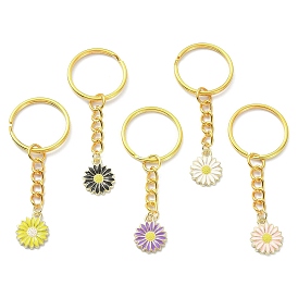 Alloy Enamel Flower Pendant Keychains, with Iron Keychain Ring
