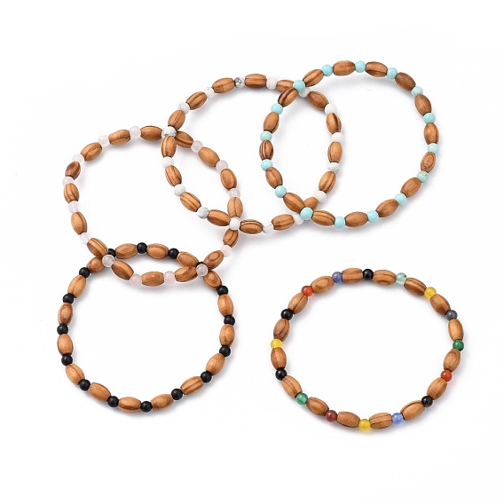 Stretch Beaded Bracelets, with Wood Beads and Gemstone Beads