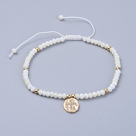 Bracelets de perles tressées en verre galvanoplastie, avec du laiton et du fil de nylon, ovale avec croix