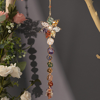 Décorations de pendentif de fleur d'enveloppe de fil de cuivre, Pendentifs suspendus en pierres précieuses naturelles mélangées, décorations pour la maison et la chambre à coucher
