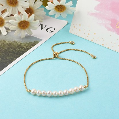 Natural Pearl Beads Slider Bracelets, with Vacuum Plating 304 Stainless Steel Venetian Chains/Box Chains