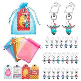 72 pcs 3 styles ensembles de sacs-cadeaux en organza sur le thème de Pâques, avec fermoirs lapin en alliage de zinc et étiquette en papier
