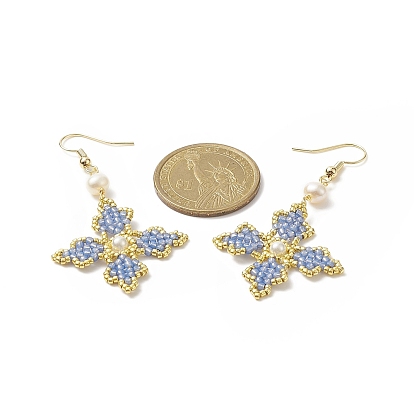 Boucles d'oreilles pendantes croix fleurie perlées de rocailles de verre avec perle coquillage ronde, bijoux en laiton pour femmes