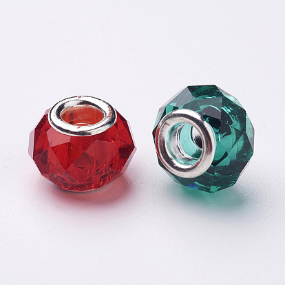 Glass European Beads, Large Hole Beads, Faceted, Mixed Color, with Iron Core in Silver Color