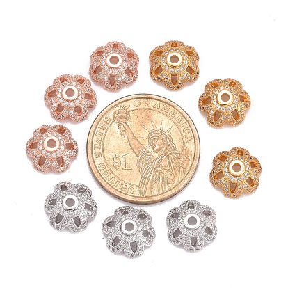 Eco-Friendly 6-Petal Flower Brass Micro Pave Cubic Zirconia Bead Caps, Lead Free & Nickel Free, 11x4mm, Hole: 2mm