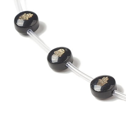 Handmade Lampwork Beads Strands, with Golden Tone Brass Findings & Enamel, Flat Round, Black