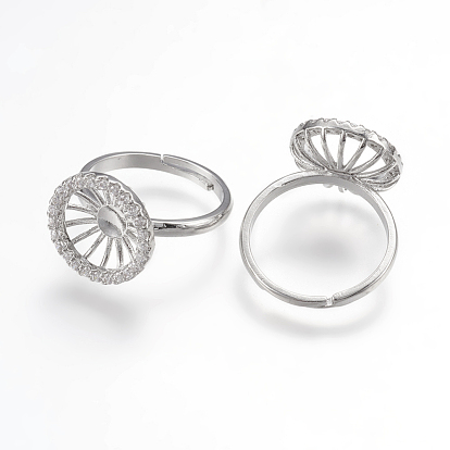 Laiton composants d'anneau pour les doigts, accessoires compopsants tamon pour bagues, avec zircons, plat rond, taille 7
