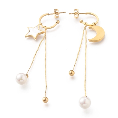 304 Stainless Steel Asymmetrical Earrings, Half Hoop Earrings, with Natural White Shell, Plastic Imitation Pearl Beads and Ear Nuts, Star & Moon