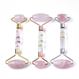 Natural Rose Quartz Massage Tools, Facial Rollers, with K9 Glass & Dried Flower Handle & Zinc Alloy Findings