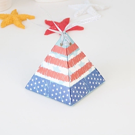 Independence Day Folding Paper Gift Box, Pyramid Food Packaging Box with Ribbon, Star Pattern