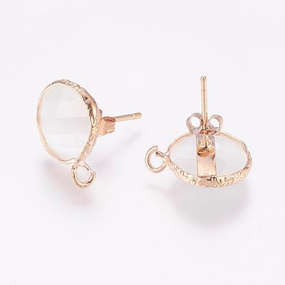 Faceted Glass Stud Earring Findings, with Loop, Golden Tone Brass Findings, Flat Round