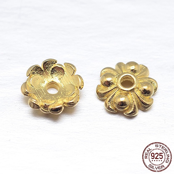 Real 18K Gold Plated 4-Petal 925 Sterling Silver Bead Caps, Flower, 7x2mm, Hole: 1mm, about 66pcs/20g