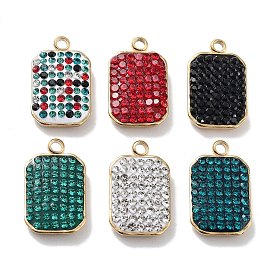 Ion Plating(IP) Golden 304 Stainless Steel Rhinestone Pendants, with Enamel, Rectangle Charms