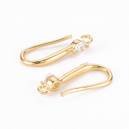Brass Micro Pave Clear Cubic Zirconia Earring Hooks, with Horizontal Loop