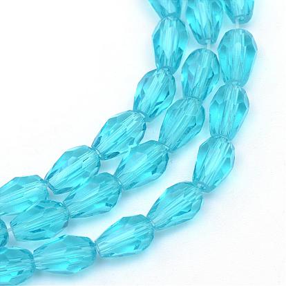 Perles en verre transparentes , larme à facettes, 7x5mm, Trou: 1mm, Environ 66~68 pcs/chapelet, 19.6 pouce