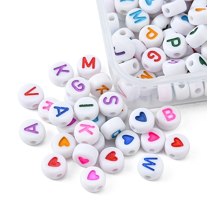 200Pcs 2 Style Opaque Acrylic Beads, Flat Round with Letter & Heart