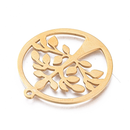 Ion Plating(IP) 304 Stainless Steel Pendants, Manual Polishing, Ring with Tree of Life