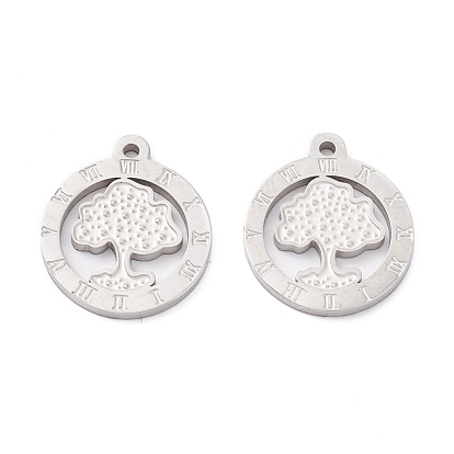 Vacuum Plating 304 Stainless Steel Pendant Cabochon Settings for Enamel, Manual Polishing, Flat Round with Tree
