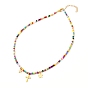 Glass Seed Beaded Necklaces, Star & Cross Charms Necklace, Golden