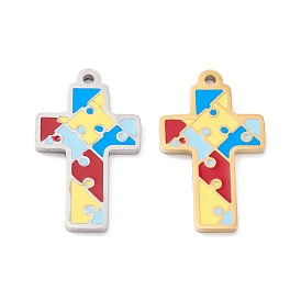 Placage sous vide 304 pendentifs en acier inoxydable émaillé, polissage manuel, croix avec motif puzzle