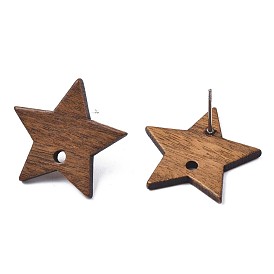 Walnut Wood Stud Earring Findings, with Hole and 304 Stainless Steel Pin, Star