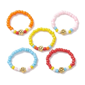 Opaque Colours Glass Seed Bead Stretch Rings, with Flower Alloy Beads for Women