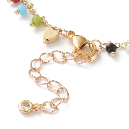 Bracelets de cheville de charme, avec perles de verre rondelles à facettes, perles coeur en laiton et 304 fermoirs pinces de homard en acier inoxydable, colorées
