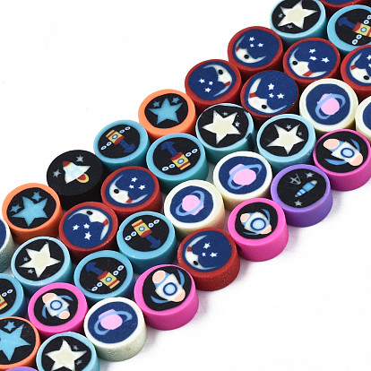 Handmade Polymer Clay Beads Strands, for DIY Jewelry Crafts Supplies,Space Style, Flat Round