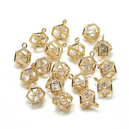 Brass Cubic Zirconia Charms, Polyhedron, Clear, Real 18K Gold Plated