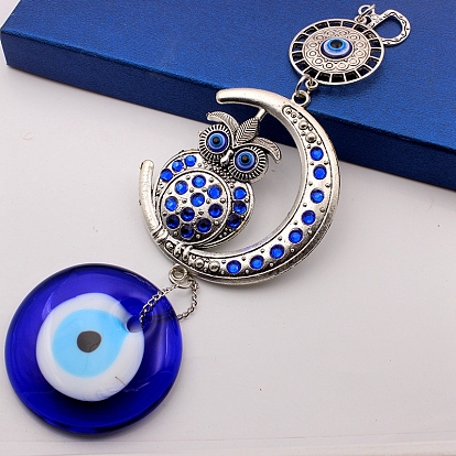 Turkish Blue Evil Eye Hanging Pendant Decoration, Turkish Beads Charms, Rhinestone Moon Owl Charms, for Home Decoration