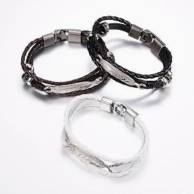Leather Cord Multi-strand Bracelets, with Alloy Finding