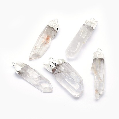 Natural Quartz Crystal Pointed Pendants, Rock Crystal Pendants, with Silver Color Plated Brass Finding, Nuggets