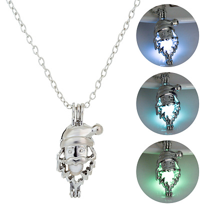 Collier pendentif cage du père noël en alliage avec perles en plastique lumineuses, bijoux de noël brillants dans le noir pour femmes